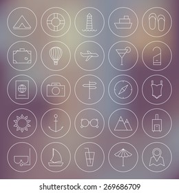 Line Circle Summer Holiday Travel Icons Set. Vector Set of Tourism Modern Thin Line Circle Icons for Web and Mobile over Blurred Abstract  Background