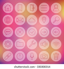Line Circle Universal  Web and Mobile User Interface Icons Set. Vector Set of Modern Thin Line Icons for Web and Mobile Circle Shaped over Colorful Blurred Background