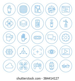 Line Circle Virtual Reality Icons Set. Vector Set of Modern Innovation Technology Thin Line Icons of Augmented Reality Circle Shaped Isolated over White Background.
