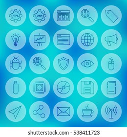 Line Circle Web Computer Icons. Vector Illustration of Outline Programming Symbols over Blurred Background.