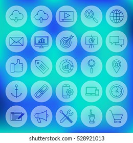 Line Circle Web Development Icons. Vector Illustration of Outline SEO Symbols over Blurred Background.