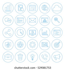 Line Circle Website Development Icons. Vector Illustration of Outline SEO Objects.