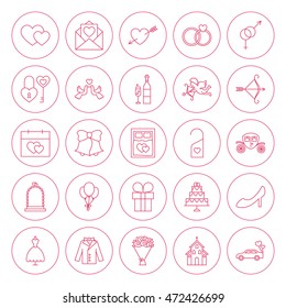 Line Circle Wedding Icons Set. Vector Illustration of Outline Love Valentine Objects.