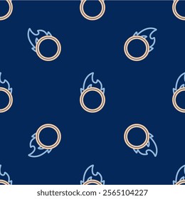 Line Circus fire hoop icon isolated seamless pattern on blue background. Ring of fire flame. Round fiery frame.  Vector