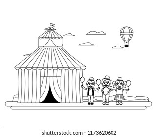 line circus unny clowns with balloons and hat