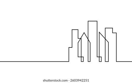 Line city. Black single lineart city isolated on white background. Building continuous one line drawing. Hand drawn art oneline icon. Design skyline draw sketch. Outline cityscape. Vector illustration