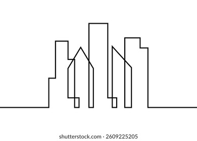 Line city. Black single lineart house isolated on white background. Building continuous one line drawing. Hand drawn art oneline icon. Skyline lines draw sketch. Outline cityscape. Vector illustration