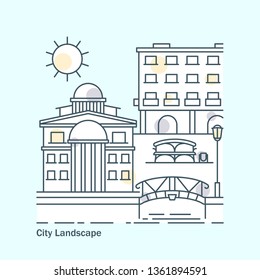 Line city landscape banner with buildings flat. Building city linear, landscape architecture illustration vector