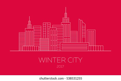 Line city on a red background. Vector skyscrapers illustration in linear style
