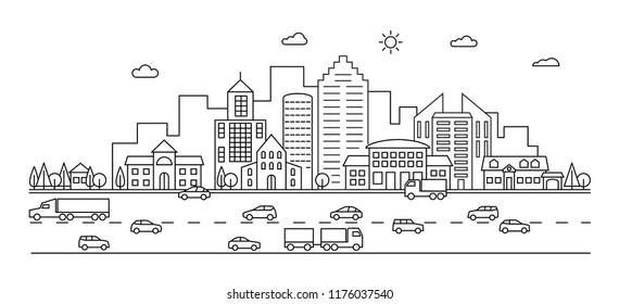 Line city. Outline town street with buildings and cars. Modern vector doodle cityscape and transportation. Illustration of town and city street line