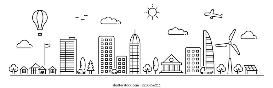 Line city. Outline town street with buildings and cars.