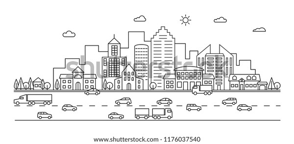 Line city. Outline town street with buildings\
and cars. Modern vector doodle cityscape and transportation.\
Illustration of town and city street\
line