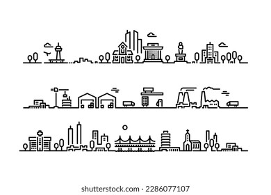 Line city panorama. Urban street plan with skyscrapers town buildings and real estate property, city landscape with high-rise constructions. Vector linear illustration of panorama city urban