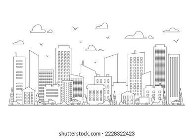 Ville de ligne. Vue panoramique sur le centre-ville. Paysage urbain avec gratte-ciel et circulation routière. Silhouette du paysage urbain en avant-plan. Des nuages de rues et de ciel urbains. Image vectorielle arrière-plan grunge