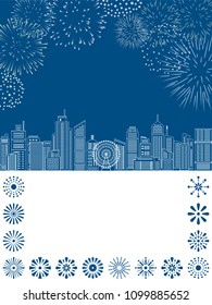Line cityscape buildings with fireworks. vector illustration.