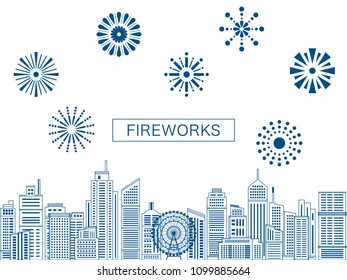 Line cityscape buildings with fireworks. vector illustration.