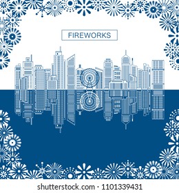 Line cityscape buildings with fireworks. vector illustration.