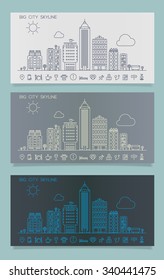 Line cityscape skyline with various parts of a city: small towns or suburbs and downtown buildings. Danners collection in line style