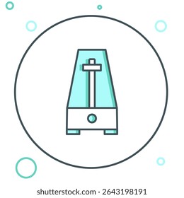 Linha metrônomo clássico com pêndulo em movimento ícone isolado no fundo branco. Equipamento de música e mecanismo de batida. Conceito de contorno colorido. Vetor