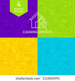 Line Cleaning Services Patterns. Four Vector Website Design Backgrounds.