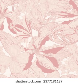 Line clematis, camelia flowers, monstera tropical leaves hand drawn line art background. Wallpaper design for print, poster, cover, banner, fabric, invitation. Digital vector illustration.