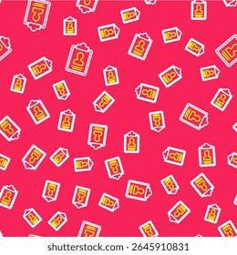 Line Clipboard with resume icon isolated seamless pattern on red background. CV application. Curriculum vitae, job application form with profile photo.  Vector