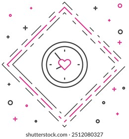 Line Clock with heart icon isolated on white background. Valentines day. Love symbol. Colorful outline concept. Vector