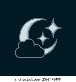 Line Cloud with moon icon isolated on black background. Cloudy night sign. Sleep dreams symbol. Night or bed time sign. Flat filled outline style with shadow. Vector