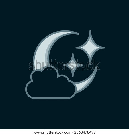 Line Cloud with moon icon isolated on black background. Cloudy night sign. Sleep dreams symbol. Night or bed time sign. Flat filled outline style with shadow. Vector