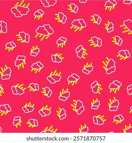 Line Cloud with rain icon isolated seamless pattern on red background. Rain cloud precipitation with rain drops.  Vector