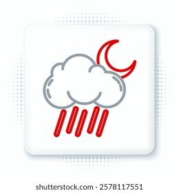 Line Cloud with rain and moon icon isolated on white background. Rain cloud precipitation with rain drops. Colorful outline concept. Vector