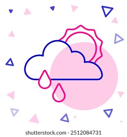 Nube de la línea con la lluvia y el icono del sol aislados en el fondo blanco. Precipitación de nubes de lluvia con gotas de lluvia. Concepto de contorno colorido. Vector