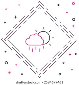 Line Cloud with rain and sun icon isolated on white background. Rain cloud precipitation with rain drops. Colorful outline concept. Vector
