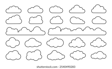 Nuvem de linha. Nuvens simples contorno do céu. Abstrato cômico nublado formas diferentes. Ícones de paisagem nublada inchada, fofa e cumulativa. Conjuntos de elementos vetoriais de traços pretos de clima infantil.