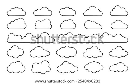 Line cloud. Simple sky outline clouds. Abstract comic cloudy different shapes. Puffy, fluffy and cumulus cloudscape icons. Childish weather black strokes vector elements set.