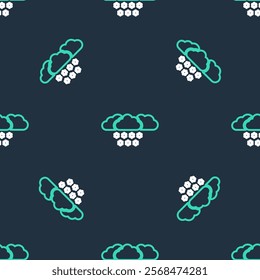 Line Cloud with snow icon isolated seamless pattern on black background. Cloud with snowflakes. Single weather icon. Snowing sign.  Vector