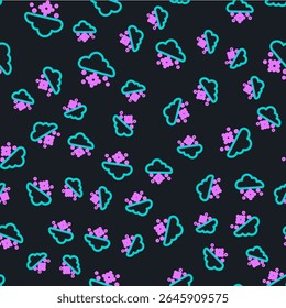 Line Cloud with snow icon isolated seamless pattern on black background. Cloud with snowflakes. Single weather icon. Snowing sign.  Vector