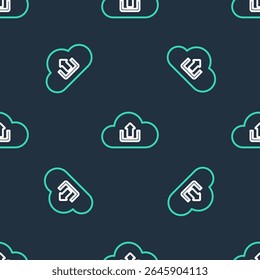 Line Cloud upload icon isolated seamless pattern on black background.  Vector