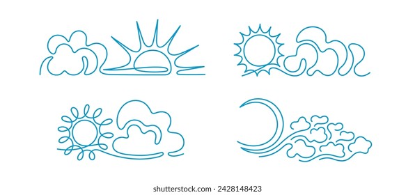 Line clouds, sun, moon. Cloudy weather, metcast. Abstract symbol in minimal design. Sky graphic collection