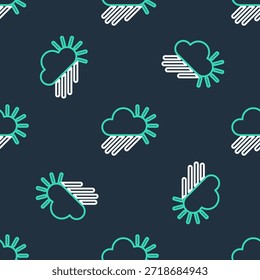 Línea Nublado con la lluvia y el icono del sol aislado sin patrón sobre fondo negro. Precipitación de nubes de lluvia con gotas de lluvia.  Vector