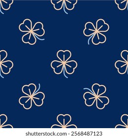 Line Clover icon isolated seamless pattern on blue background. Happy Saint Patrick day.  Vector