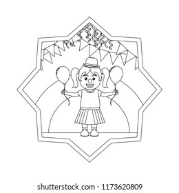 line clown girl with balloon and party flags inside star