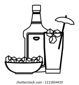 line cocktail glass and liquor bottle with ice cubes