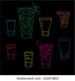 line cocktails and drinks set isolated on black background