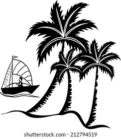 line of coconut palms in summer and a ship.