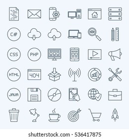 Ícones de codificação de linha. Coleção Vector de Programação Moderna Thin Outline e Símbolos de Desenvolvimento Web.