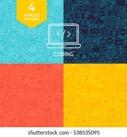 Coding Patterns. Vier Vektorgrafik-Website-Design Nahtlose Hintergründe. Programmierfertigkeiten.