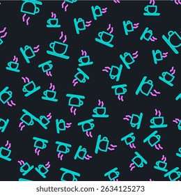 Line Coffee cup icon isolated seamless pattern on black background. Tea cup. Hot drink coffee.  Vector Illustration