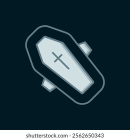 Line Coffin with christian cross icon isolated on black background. Happy Halloween party. Flat filled outline style with shadow. Vector