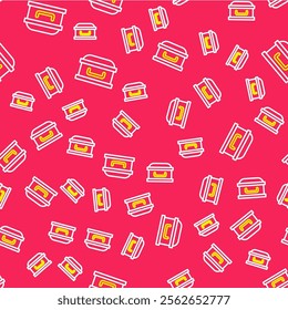 Line Coffin with christian cross icon isolated seamless pattern on red background. Happy Halloween party.  Vector